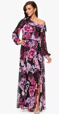 Xscape NWT Black Floral Off-Shoulder Illusion Sleeve Maxi Dress sz 6